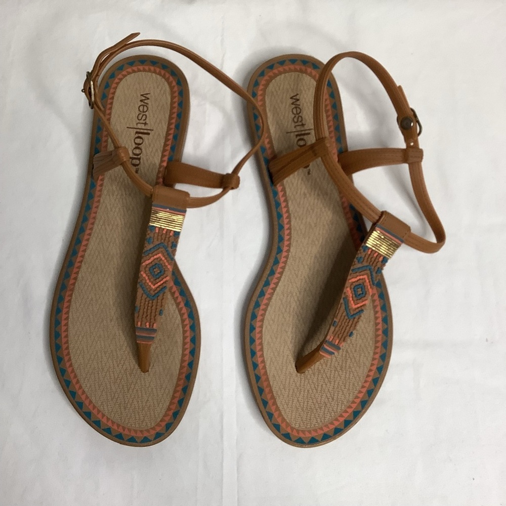 West Loop Brown and Tan T-Strap Sandals with Metallic Accents